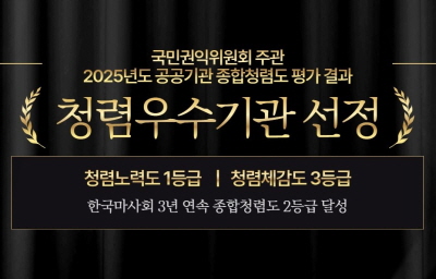 청렴감사부-3287 ('25.12.24.: 2025년도 종합청렴도 평가결과 홈페이지 공개 협조요청)
2025년 한국마사회 종합청렴도 평가 결과 배너 게시 요청
